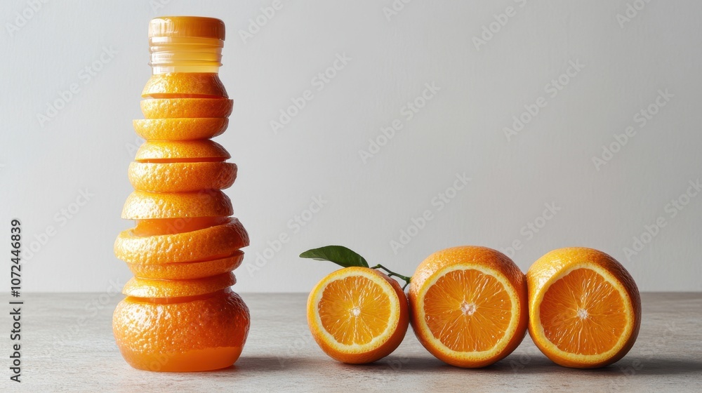 Poster creative arrangement of orange slices and a bottle creating a visually striking composition in a min