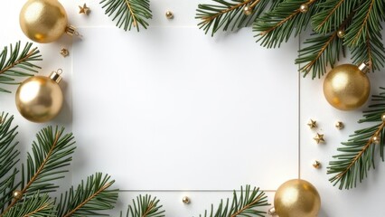 New Year mockup. Blank white sheet of paper surrounded by fir branches and festive balls of gold...