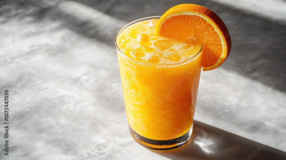 Poster refreshing citrus drink served over ice with a slice of orange adding a vibrant touch to a sunny aft