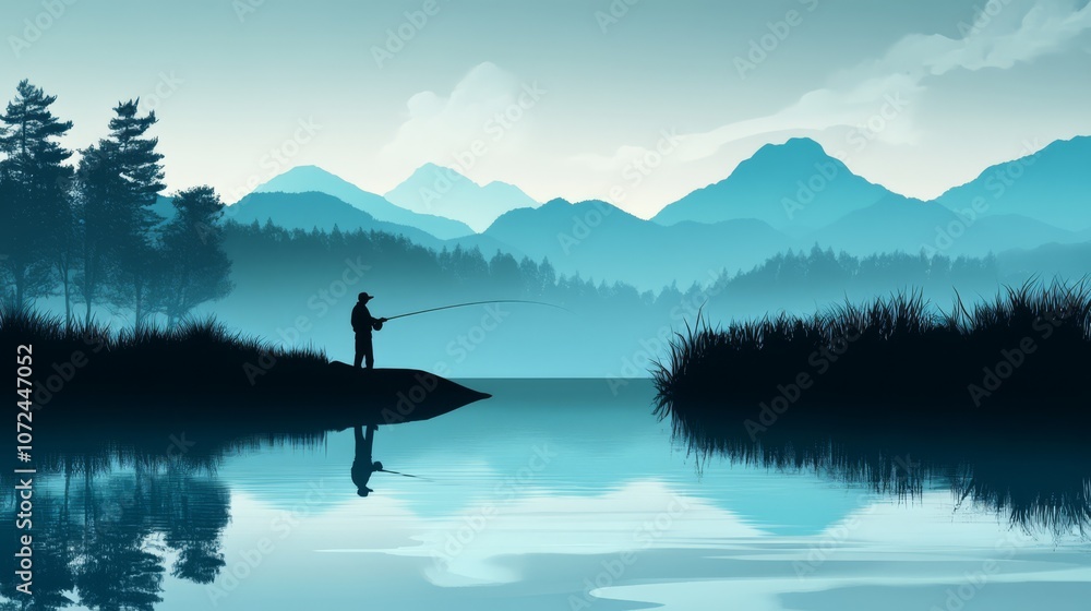 Poster silhouette of a fisherman casting a line in a lake with a mountain range in the background.