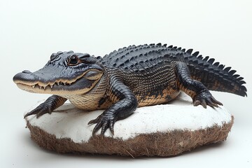 Fototapeta premium Realistic baby alligator figurine on naturalistic platform background