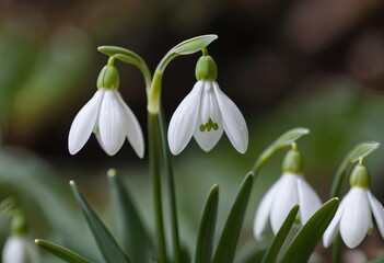 Fototapeta premium A close-up photo of a white snowdrop flower with copy space on the side.