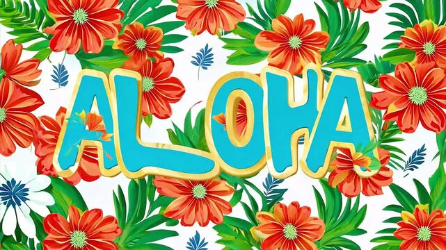 Colorful tropical flowers and leaves create a vibrant backdrop featuring the word aloha in festive atmosphere.