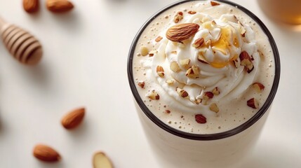 Creamy almond milkshake topped with whipped cream and nuts in a cozy kitchen setting during afternoon hours