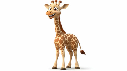Obraz premium A cute cartoon giraffe with a big smile, standing on a white background.