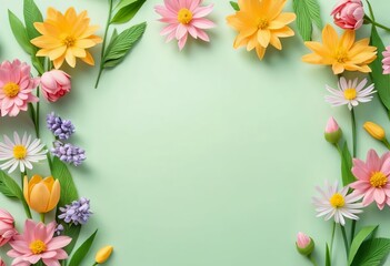 A variety of colorful spring flowers on a white paper background