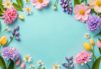 Fototapeta premium A variety of colorful spring flowers on a white paper background