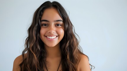 Naklejka premium Young Hispanic woman with long wavy dark hair and bright genuine smile against light background, perfect for lifestyle, beauty, dental and wellness advertising.