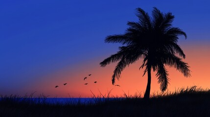 Silhouette of a palm tree on a beach at sunset with birds flying overhead.