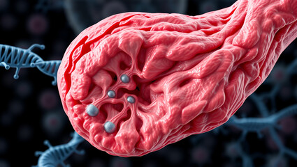 Muscle dystrophy pathology, abnormal cell structure, genetic disorder focus, 3D illustration