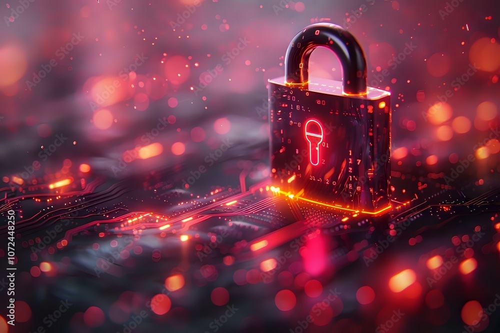 Poster digital security concept with glowing red padlock on dark background with bokeh lights, perfect for 