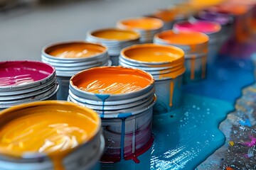 Colorful printing inks in metal containers arranged in row on blue surface, close-up view perfect for design and printing industry advertising or creative business concepts.