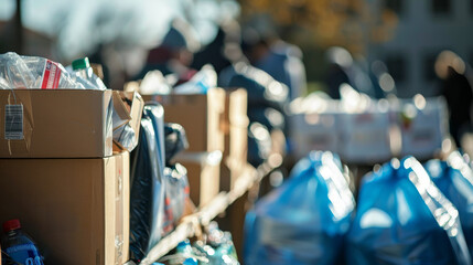 A busy scene of waste collection and recycling efforts in an urban area.