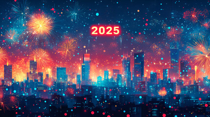 Fototapeta premium Night view of a city s skyline with fireworks lighting up the sky and 2025 glowing above