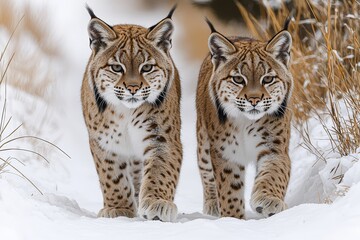 Obraz premium Twin lynxes walking through snow-covered wilderness