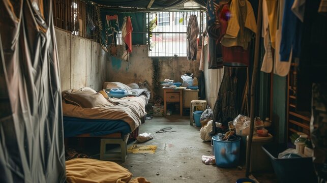 A cluttered and worn living space illustrating the challenges of poverty and urban living.