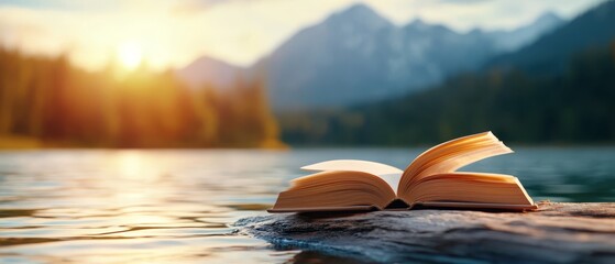 an open book sitting on top of a log in the water