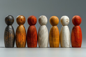 A lineup of wooden figurines in various natural wood tones, symbolizing diversity, individuality, and unity. Perfect for themes of community, teamwork, and inclusion.