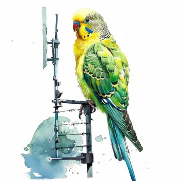 A colorful parakeet perched playfully on a tech structure.