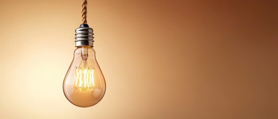 A light bulb hanging from a rope on a brown background