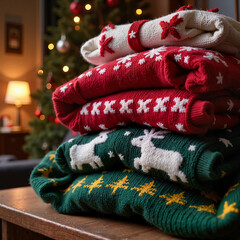 Fototapeta premium New Year's sweaters are folded in a stack in the New Year's room, Al Generation