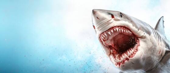 Naklejka premium A great white shark with its mouth open in the water