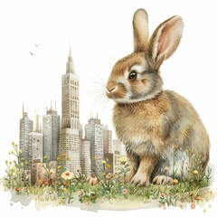 A cute rabbit amidst a vibrant cityscape, blending nature and urban life beautifully.