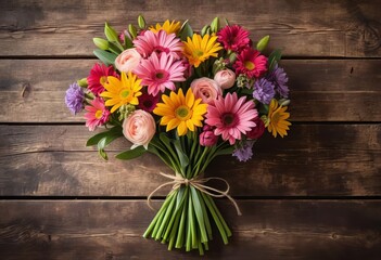 A bouquet of colorful flowers on a wooden table with a handwritten note that says "Happy Mother's Day"