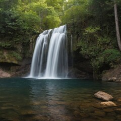 Majestic Waterfall Cascading into Clear Blue Pool Surrounded by Lush Forest
