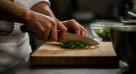 Professional chef finely chopping fresh herbs in kitchen