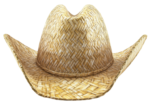 Wide-brimmed cowboy-style straw hat on transparent background, perfect for outdoor, summer, and western-themed scenes.