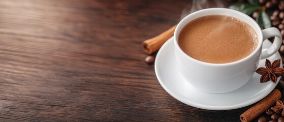 Obraz premium A cup of coffee on a saucer next to coffee beans and cinnamon