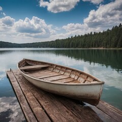 Obraz premium Old Wooden Rowboat Docked on Tranquil Lake with Forested Shoreline Under Cloudy Sky 