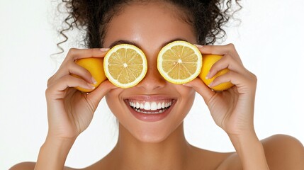 A cheerful woman holds lemon halves to her eyes, showcasing a bright smile and playful spirit, against a clean, light background.