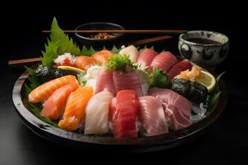 Delicate Sushi set sashimi. Popular and delicious japanese food wooden table. Generate AI