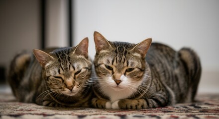 Serene cats cuddling on cozy rug