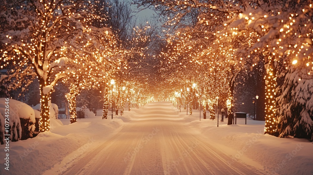 Poster a serene winter scene featuring snow-covered trees adorned with sparkling lights, creating a magical