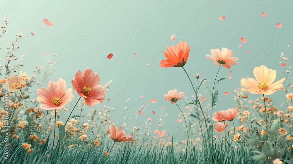 Aufkleber a serene field of colorful flowers sways gently under a soft sky, creating a tranquil and beautiful 