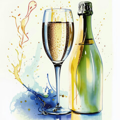 a glass of wine, champagne, sparkling spirits. new Year's celebration, birthday, wedding. artificial intelligence generator, AI, watercolor image of a neural network. background for the design.