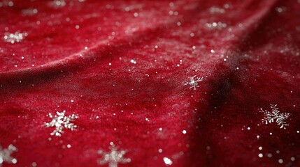Elegant Red Velvet Background with Glittering Silver Snowflakes for Festive Holiday Decoration