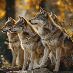 Fototapeta premium A pack of wolves standing together in a serene autumn forest setting.
