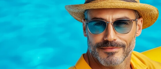 A man wearing a straw hat and sunglasses by a pool