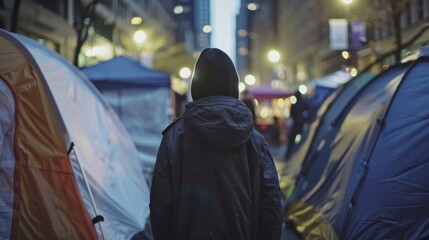 A person stands alone among tents in an urban homeless encampment at twilight.