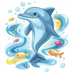 Obraz premium A playful dolphin swimming among colorful fish in a vibrant underwater scene.