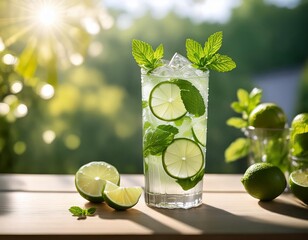 A Refreshing Cocktail of Icy Mojito with Fresh Mint Leaves and Lime Slices, Captured in Bright, Airy Natural Light for a Perfect Summer Vibe