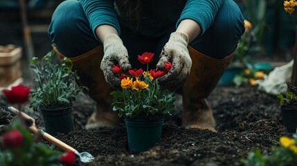 Fototapeta premium A gardener planting colorful flowers in rich soil, showcasing a connection to nature and the joy of cultivating plants.