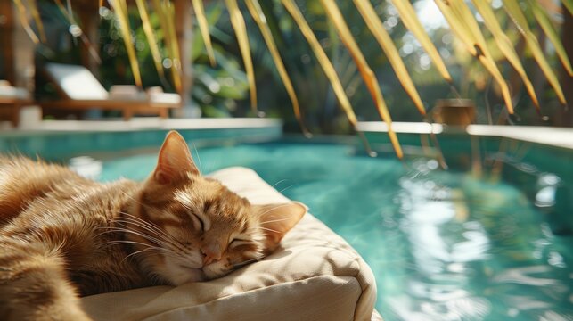 A serene cat relaxing by a tranquil pool under warm sunlight surrounded by greenery.