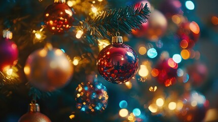 A Red Ornament on a Christmas Tree with Twinkling Lights