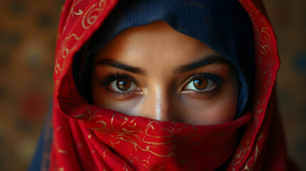 Enigmatic Eyes Behind a Red Veil