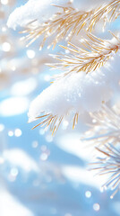 The delicate pine branches adorned with fresh snow sparkle against a backdrop of winter sunlight